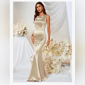 Sleek Champagne Satin Maxi Dress